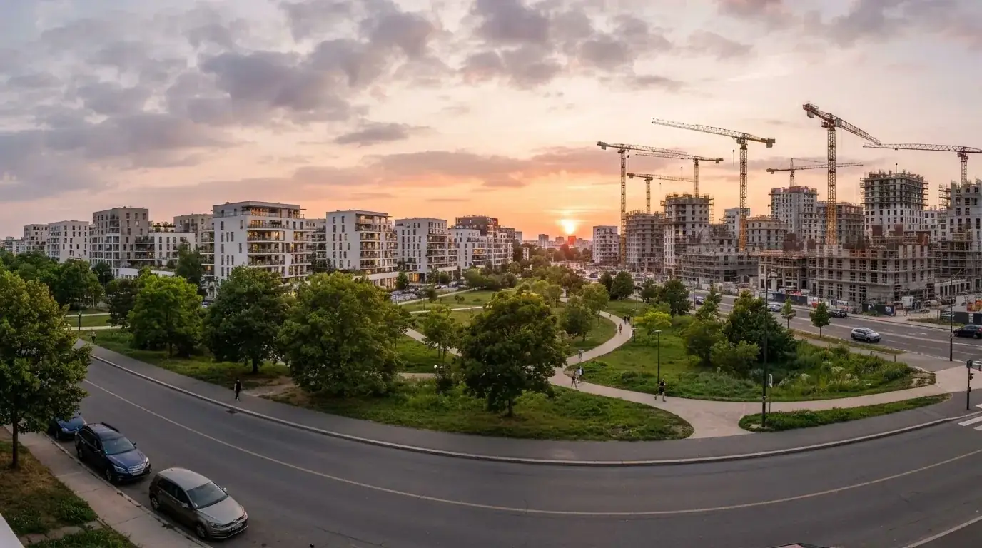 Panoramă a unui cartier în dezvoltare, cu macarale, blocuri noi și un parc verde, la apusul soarelui.